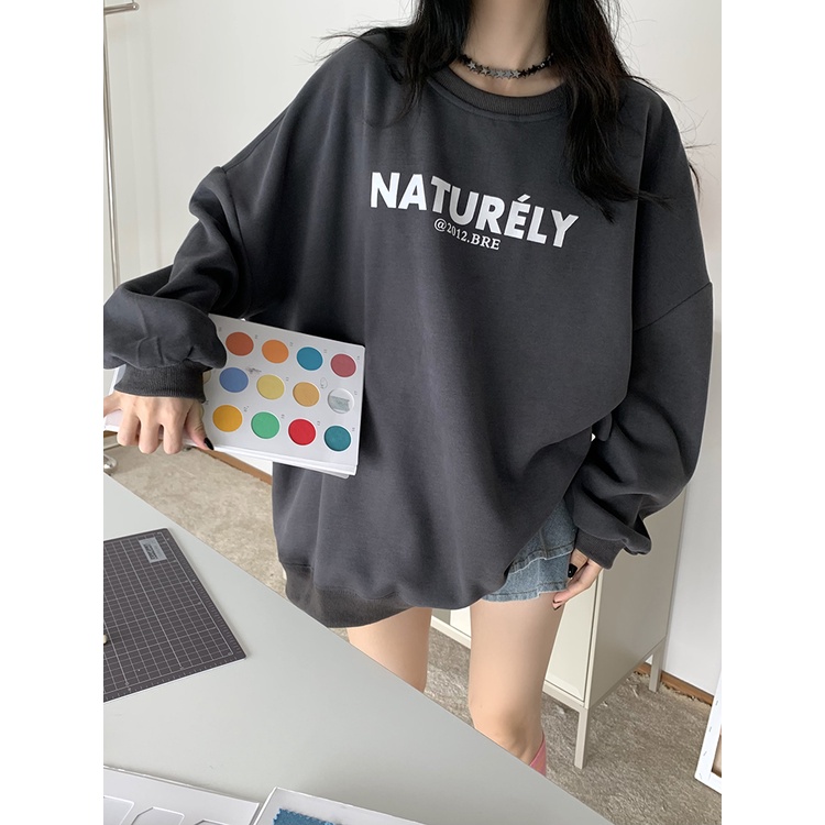 Áo Hoodies Tay Dài Cổ Tròn Hoạ Tiết Chữ In Thiết Kế Mới Cho Phái Nữ