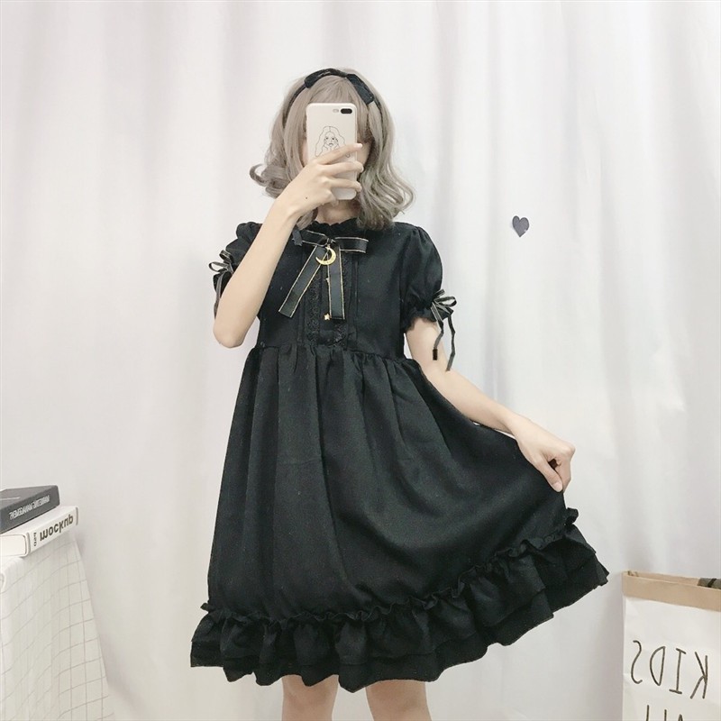 [CÓ SẴN DÀI TAY. Kèm ảnh thật] Váy babydoll cổ bèo thắt nơ phối ren tay bồng Lolita | BigBuy360 - bigbuy360.vn