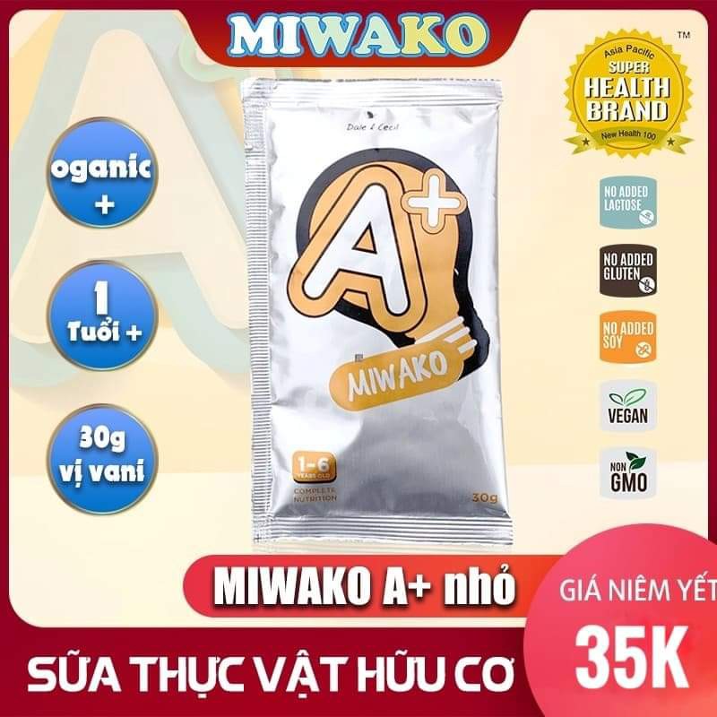 Sữa thực vật hữu cơ Miwako A+, Gói 30g cho trẻ dị ứng đạm bò , k dung nạp lactose, tăng động giảm chú ý, tự kỷ, chậm nói