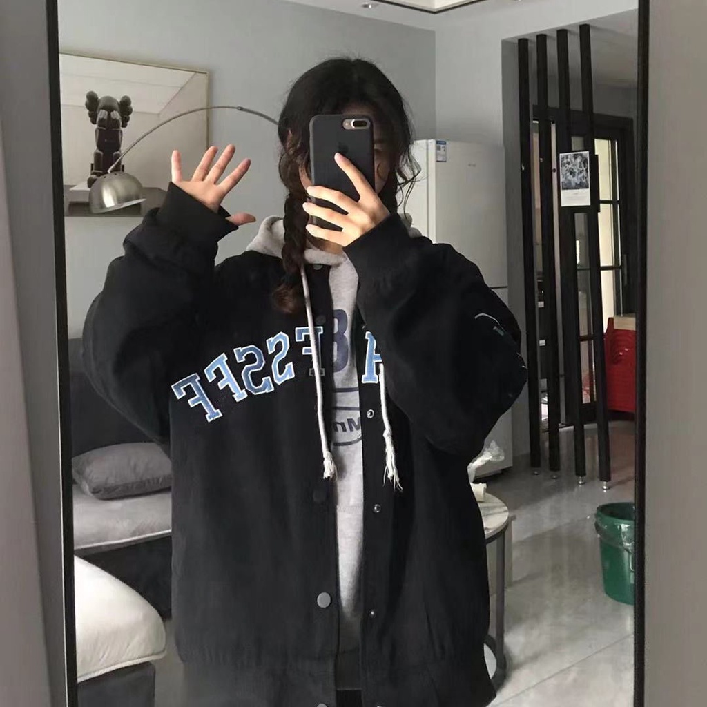 Áo bomber kaki 2 lớp/Áo khoác varsity jacket TENNE form rộng unisex, phong cách Hàn Quốc 2 màu be, đen KUNNI25