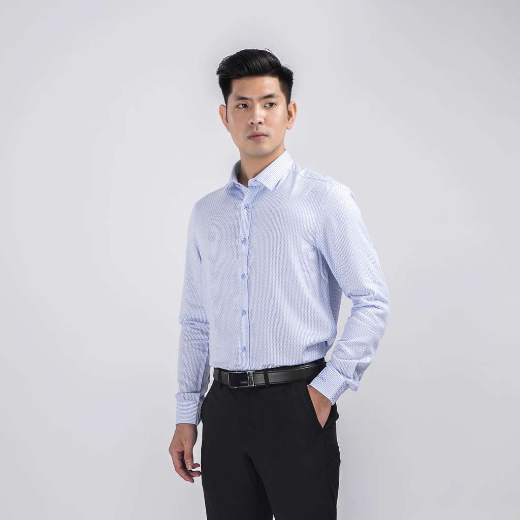 Áo sơ mi công sở nam dài tay Aristino màu xanh nhạt dệt xếp dọc dáng slim fit lượn tà chất liệu sợi sồi cao cấp ALS05308