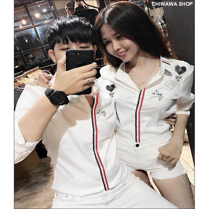 Áo sơ mi nam nữ Unisex màu trắng heart vai với sọc đỏ xanh đẹp Kate BB12