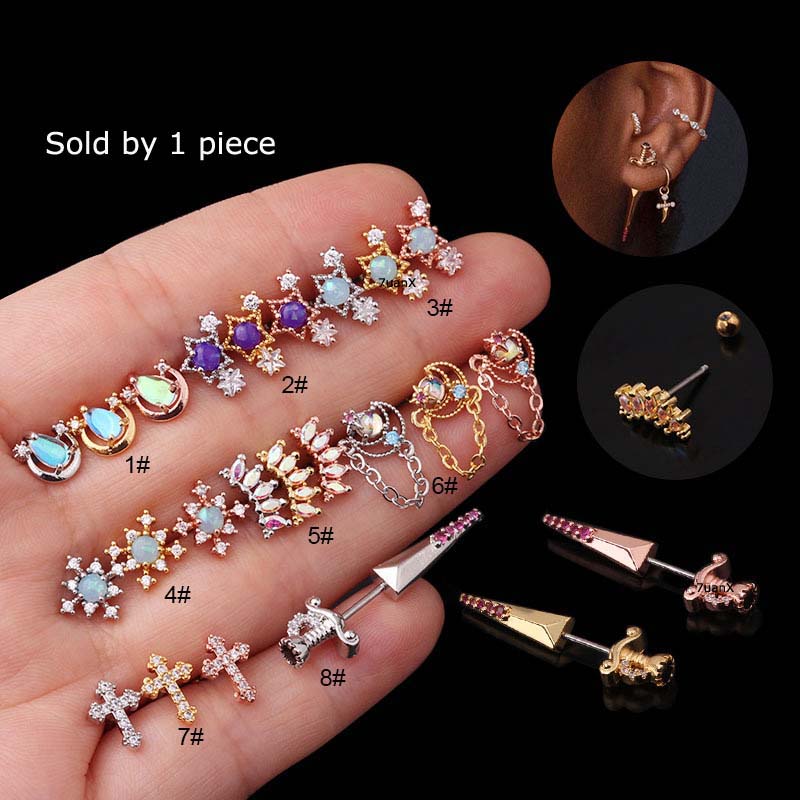 Khuyên tai bằng thép không gỉ đính đá nhân tạo nhiều màu sắc thời trang 20Gauge (bán 1 chiếc)