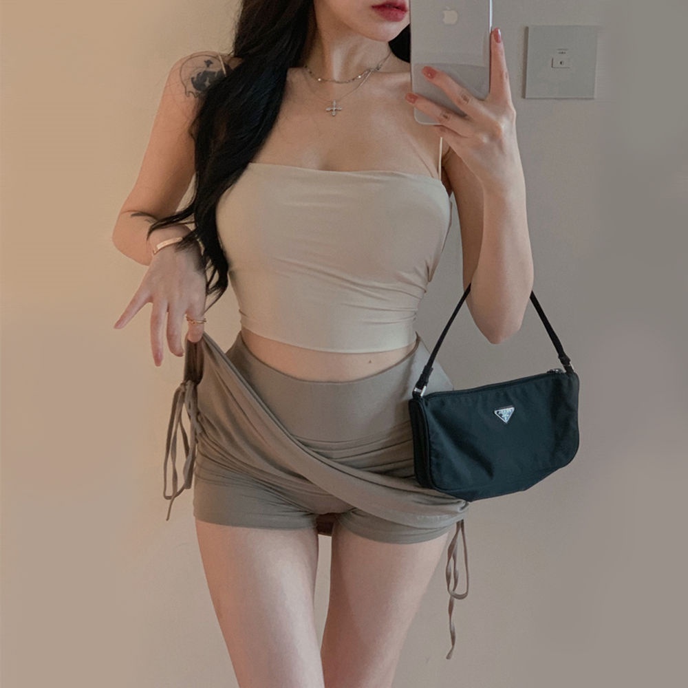 COZOK Chân váy lưng cao xếp ly phối dây rút gợi cảm cho nữ