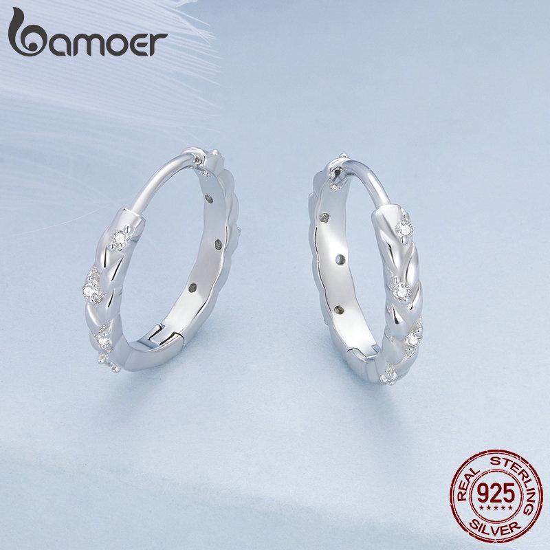 Bông tai BAMOER bạc 925 hình ngôi sao/ trái tim đính đá zircon thời trang