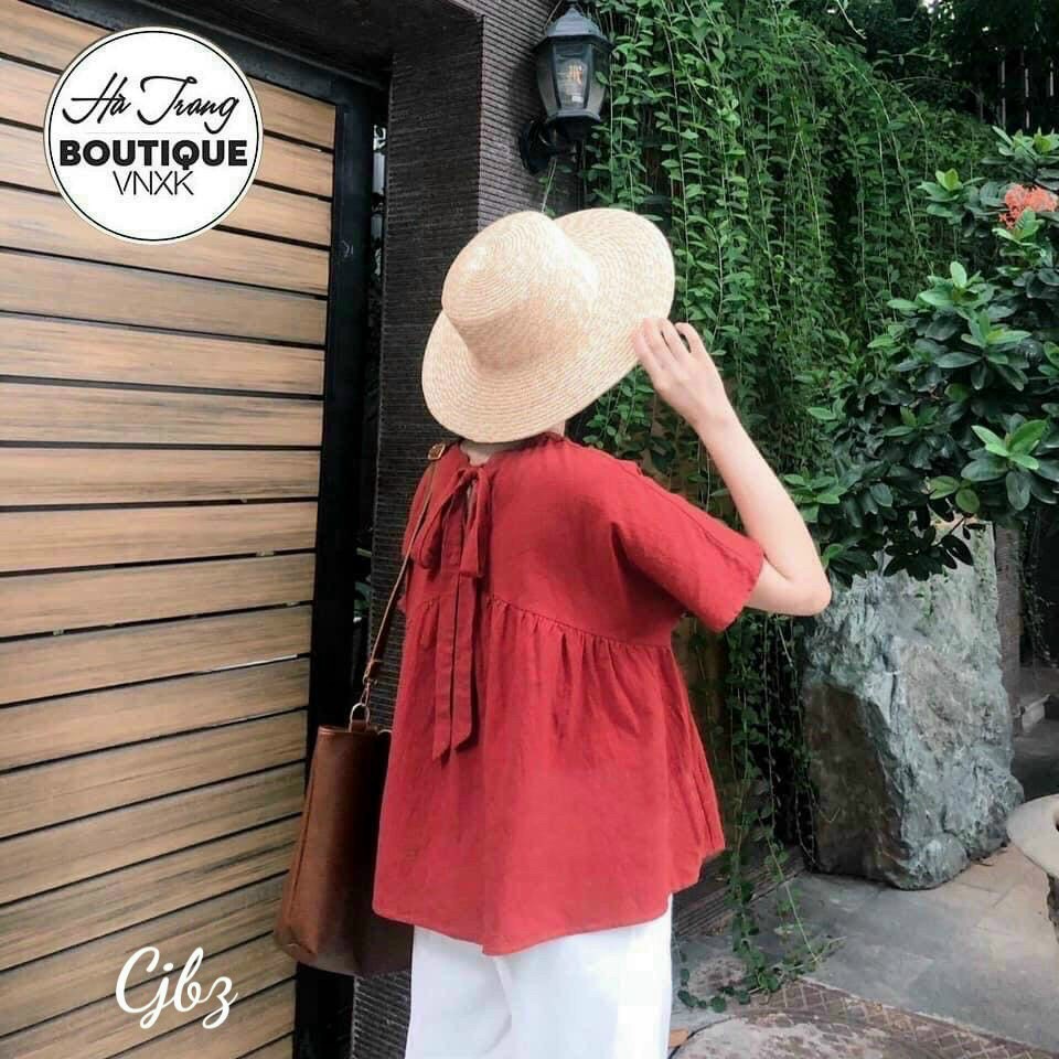 Set đồ bộ quần dài trắng kèm áo cổ tròn cột nơ sau lưng thoải mái mặc ở nhà, đi chơi