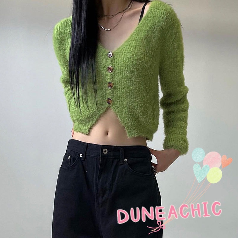 DUNEA Áo Khoác Dệt Kim Tay Dài Màu Trơn Phối Nút Thiết Kế Dáng Rộng Thoải Mái