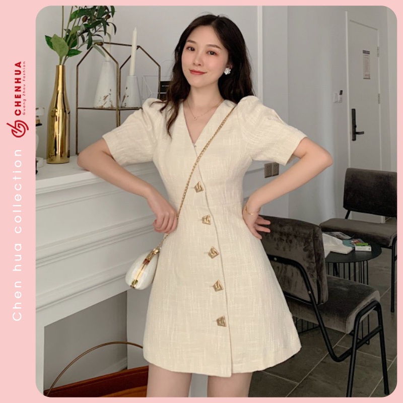 Váy tweed cổ chữ V đầm dạ quảng châu sang trọng chất vải dệt kim cao cấp HUAHUA phong cách kiểu Pháp retro mới đẹp VT03