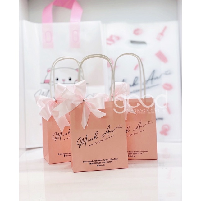 100 túi giấy Hồng đào in logo theo yêu cầu  - Túi giấy in đựng mỹ phẩm, đựng quần áo
