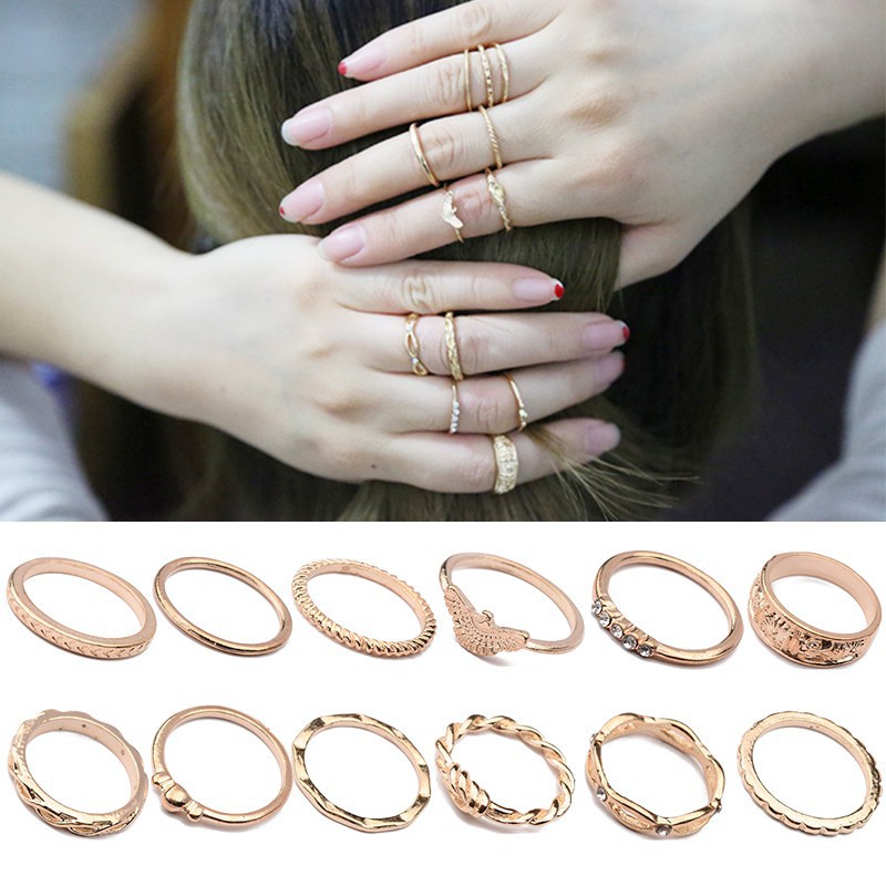 Set 12 nhẫn đính hạt pha lên thời trang dành cho nữ