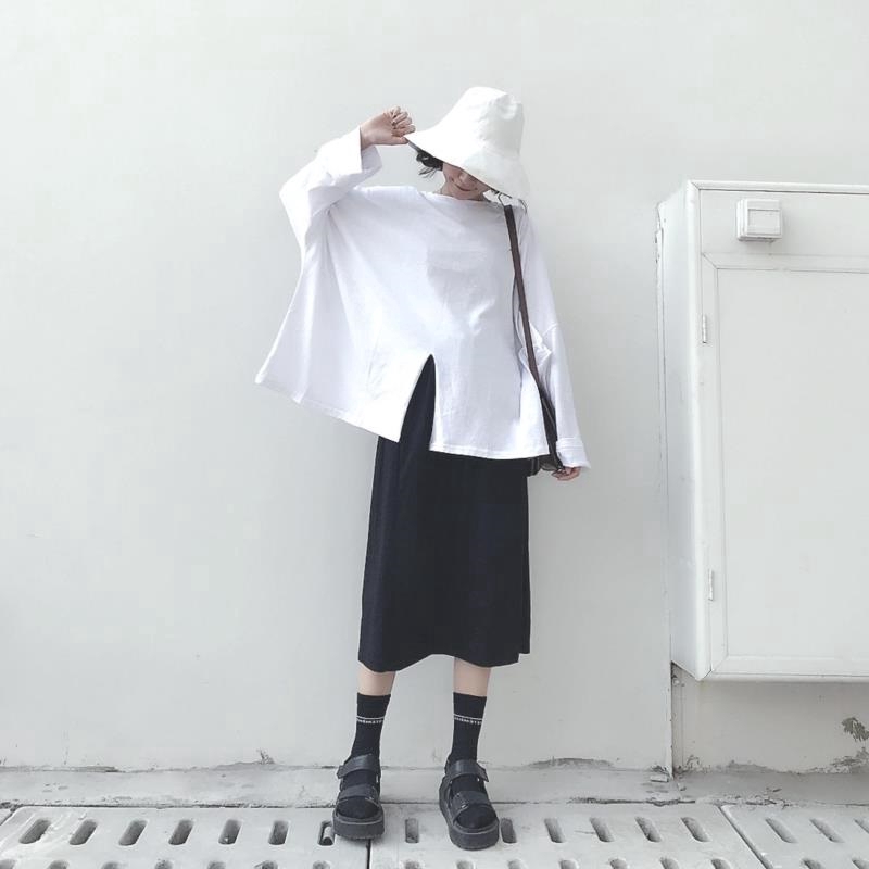 SUXI Áo thun Hàn Quốc dáng rộng dài tay màu trơn