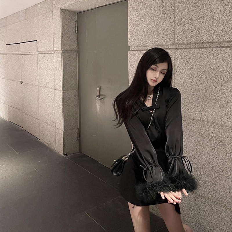ÁO SƠ MI LỤA NỮ PHỐI LÔNG VŨ ĐEN PHONG CÁCH SANG TRỌNG CHIC GIRL