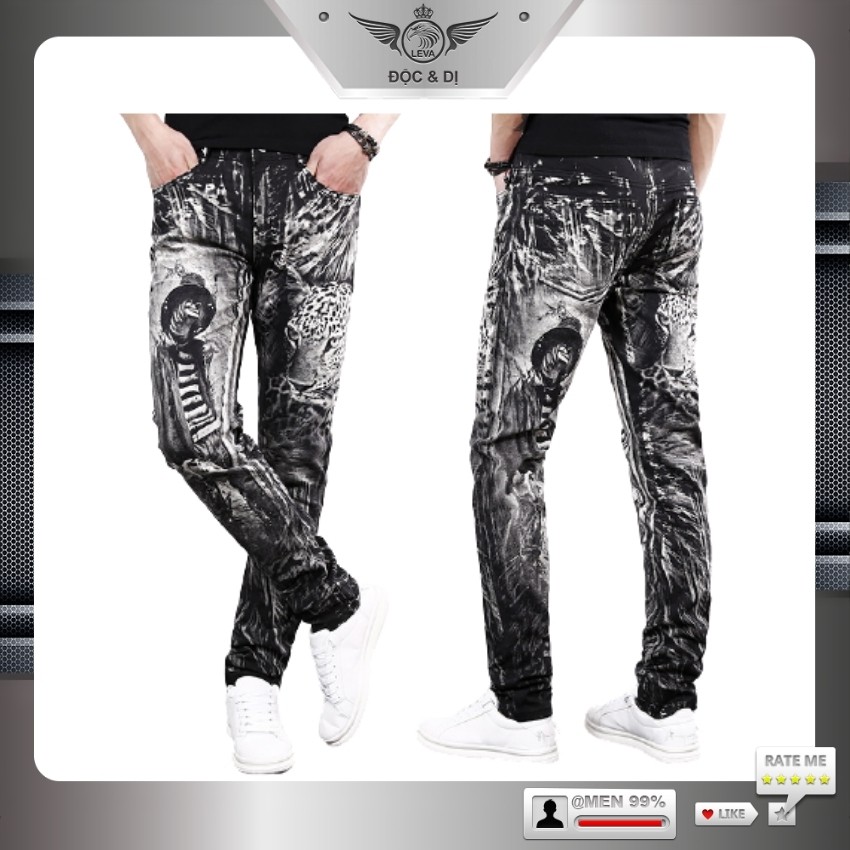 Quần jean nam cao cấp chất bò độc lạ LEVAMEN chất liệu vải bò jeans co giãn in lase không bay màu hình mặt cọp QJ045