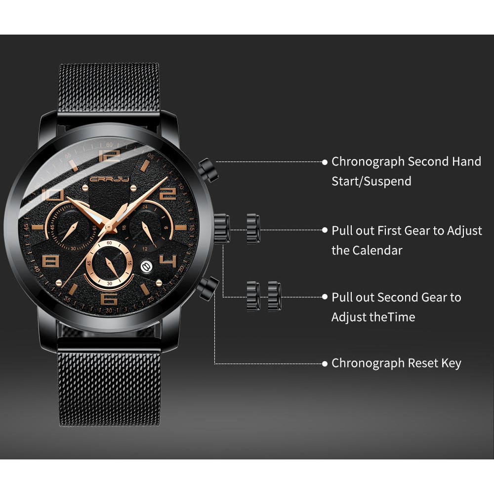 CRRJU Men's Watch Multifunctional Fashion Luxury Stainless Steel Waterproof Quartz Luminous 2289G