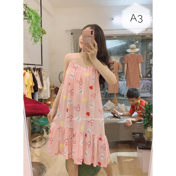 Váy lanh bầu sát nách, 2 dây, đồ bầu ngủ dáng xuông, mặc nhà mùa hè cho bầu, béo, sau sinh