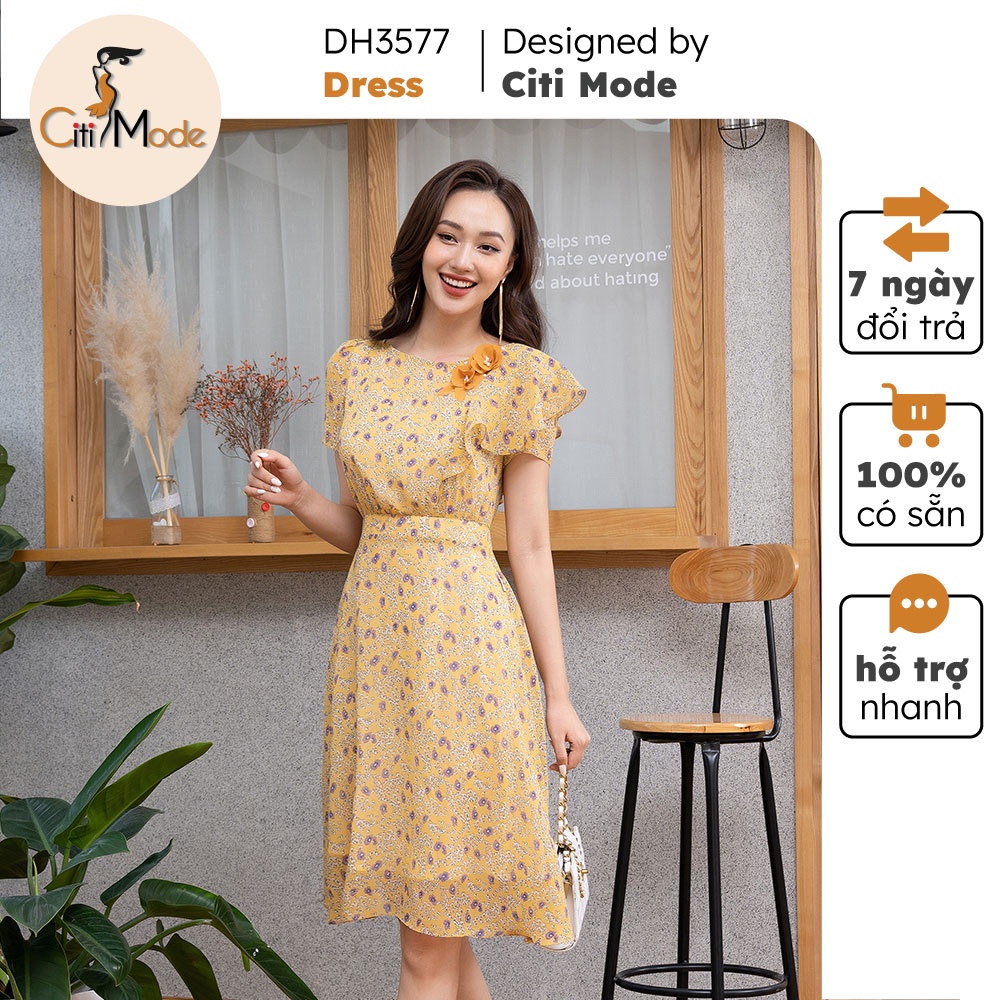 Đầm xòe nữ hoa nhí vàng CITI MODE cổ thuyền phối hoa vai chất Voan cao cấp 2 lớp DH3577
