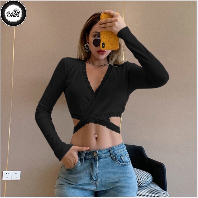 Áo Croptop Dài Tay Cột Dây Quanh Eo Bigsize Dưới 80Kg Viền Ren Chất Thun Cotton "REN"