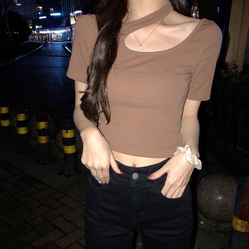 Áo Thun Tay Ngắn Màu Trơn Đơn Giản Cho Nữ 156300 Áo Thun Dáng Ngắn Hở Xương Quai Xanh Quyến Rũ Trẻ Trung Cho Bạn Gái