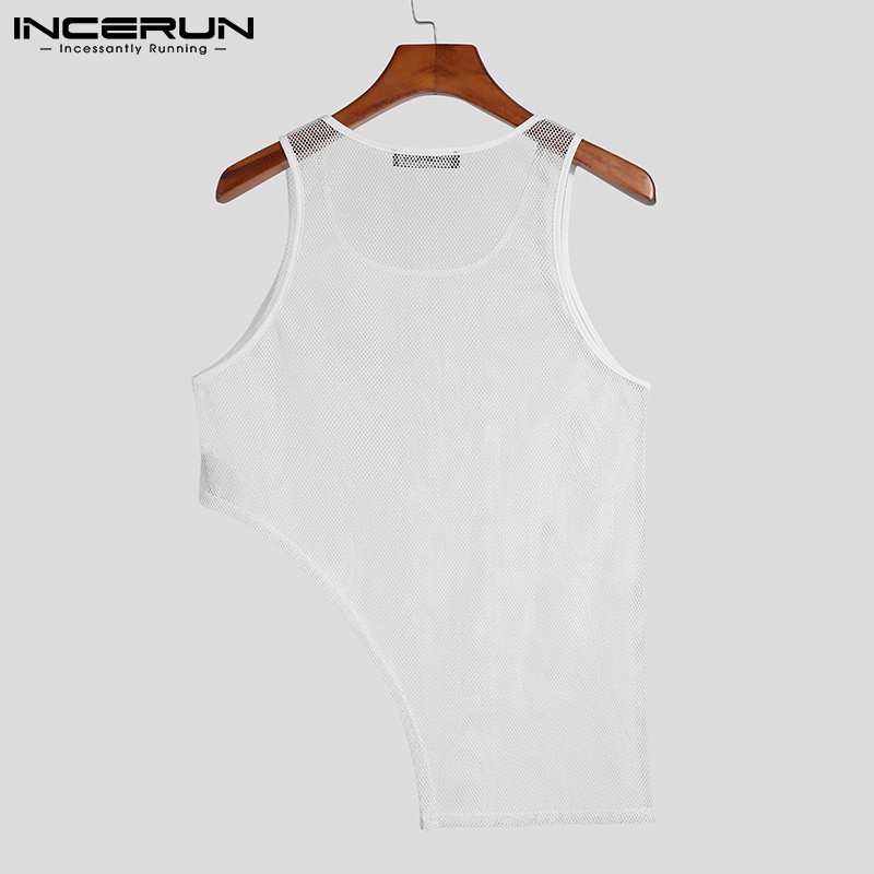 Áo tank top INCERUN cổ tròn không tay lưới xuyên thấu bất đối xứng cho nam