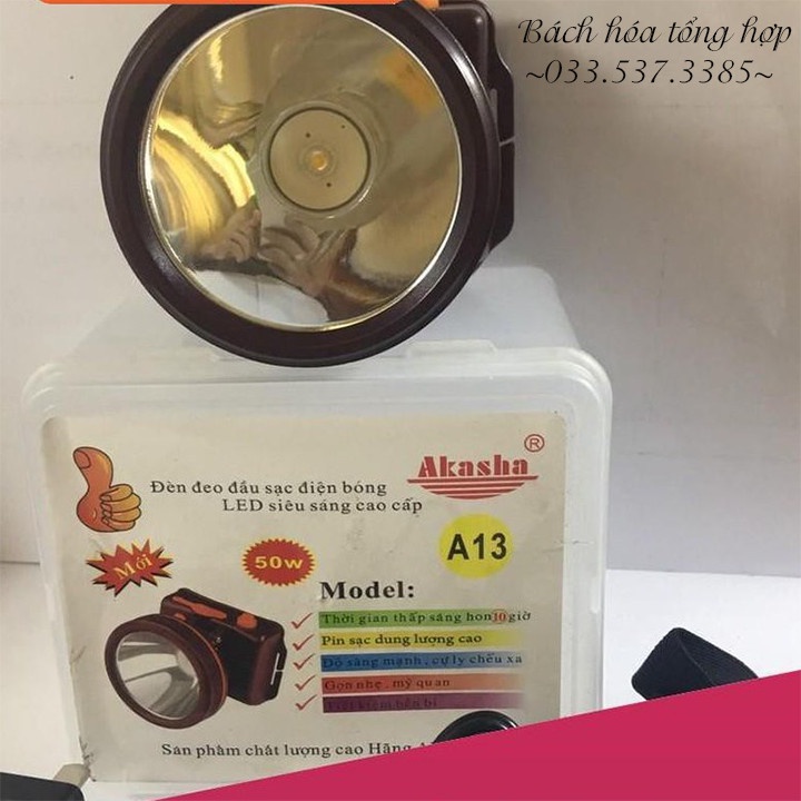 Đèn đội đầu siêu sáng, đèn pin sạc A13 AKASHA chất lượng cao 50W