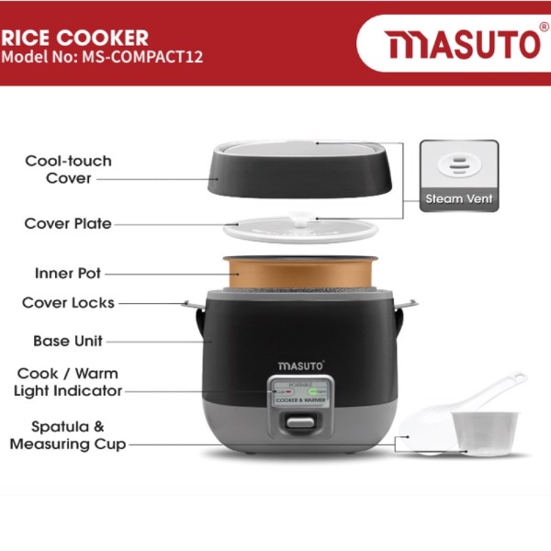 Nồi cơm điện mini Masuto MS-Compact12 1,2L Nấu cơm ngon siêu tốc đủ cho 2-3 người ăn