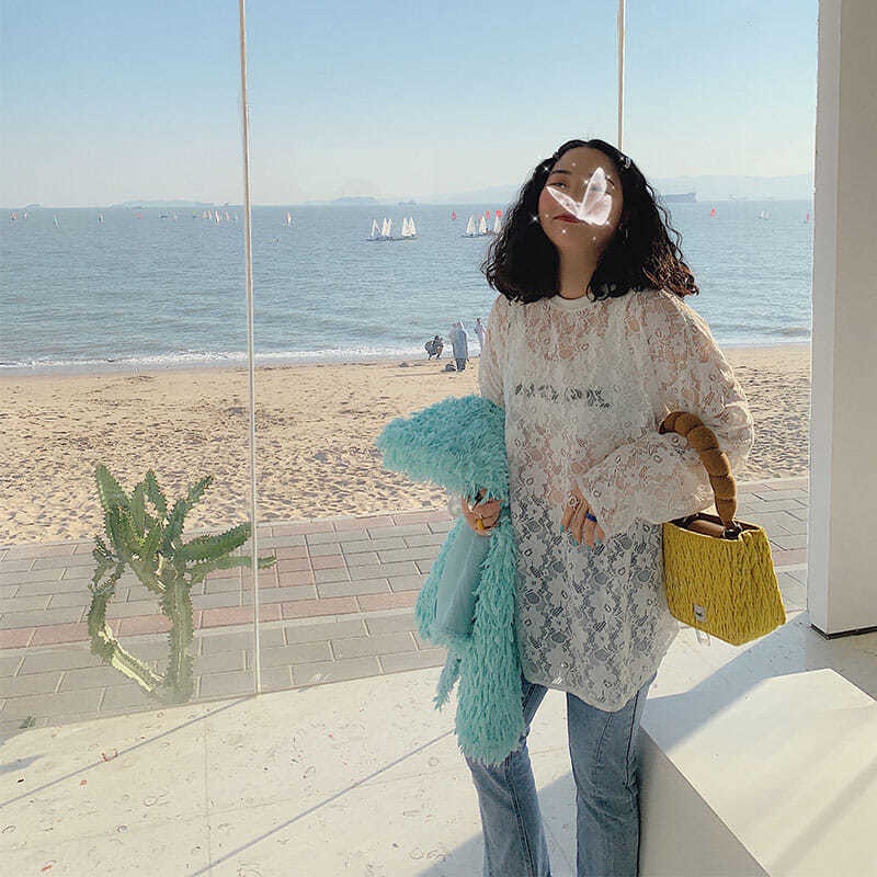 Bán Chạy!F &amp; X Áo Thun Chống Nắng Tay Dài Cổ Tròn Phối Ren Mỏng Phong Cách Mùa Hè 300 Jin Oversize Cho Nữ