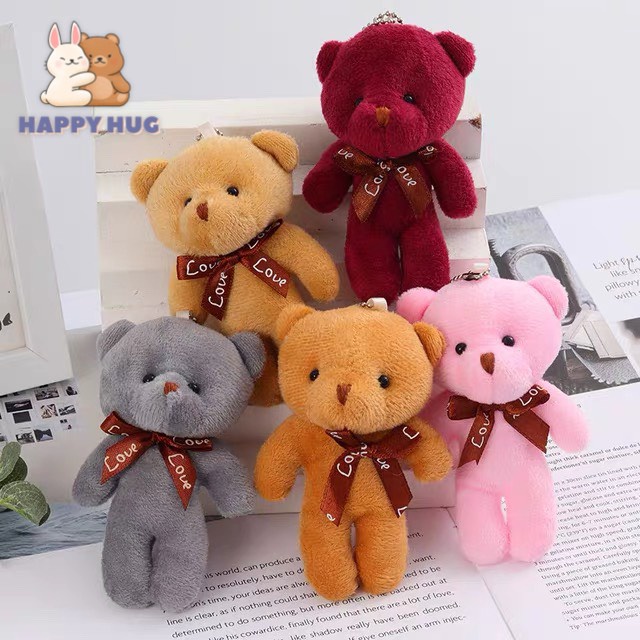 Móc khóa gấu bông,móc treo ba lô đính nơ dễ thương size 12cm, lông ngắn mềm mịn - Happy Hug