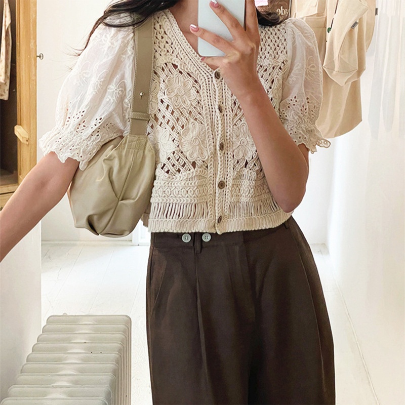 Áo Khoác Cardigan Cổ V Tay Phồng Ngọt Ngào Cho Nữ