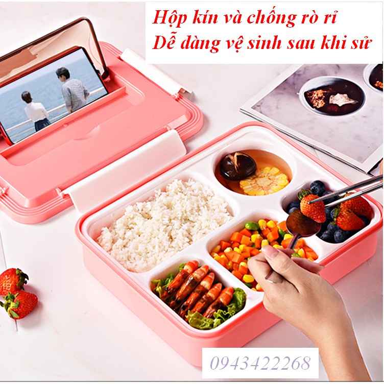 Hộp đựng cơm đa năng 5 ngăn + Tặng kèm khay đựng và đũa thìa INOX,Hộp cơm đa năng loại to tự làm nóng thức ăn bằng nước