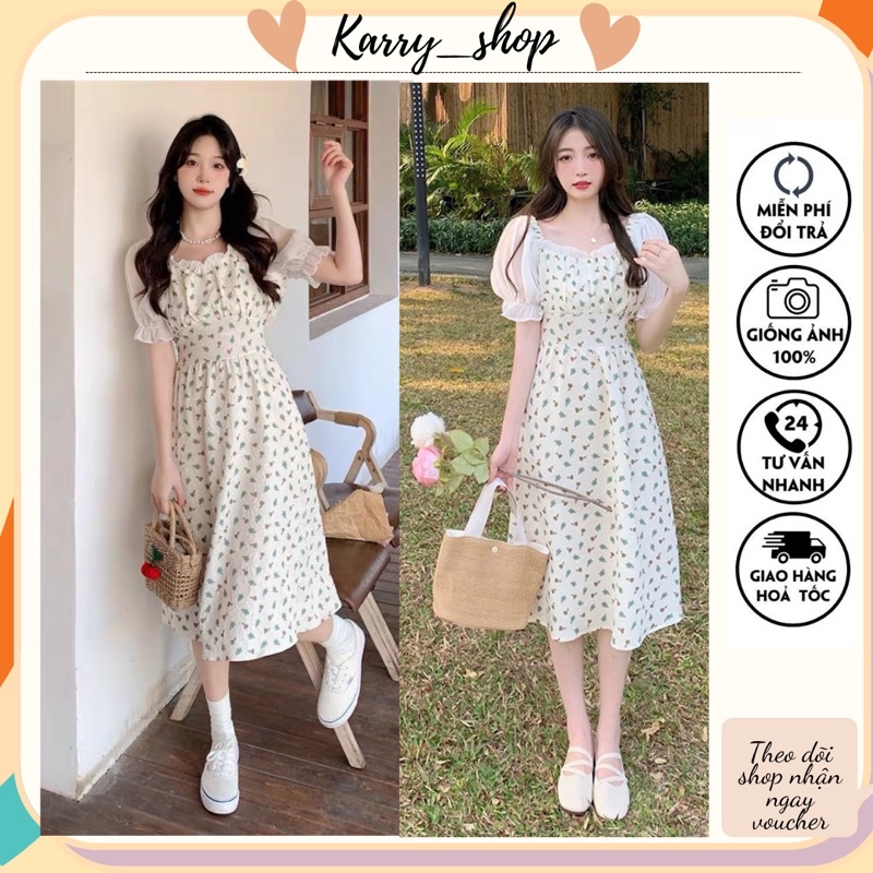 Váy hoa nhí vintage, đầm cúp ngực cổ vuông dáng dài thiết kế tay bồng tiểu thư Hàn Quốc karryshop
