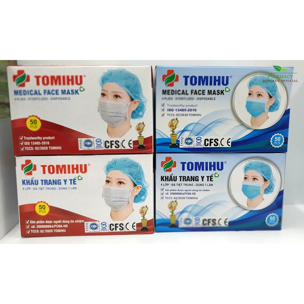 ⚡ Khẩu trang y tế 4 lớp Tomihu ⚡ Hộp 50 cái ⚡ Ngăn vi khuẩn, khói, bụi 🍀 Màu xanh, màu xám, màu trắng, màu đen 🍀