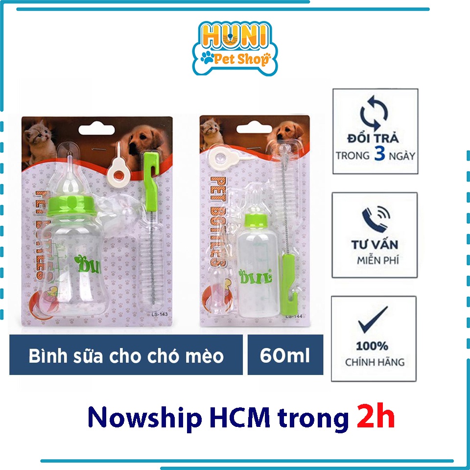 Bình sữa cho chó mèo con có kèm dụng cụ làm sạch bình uống sữa có vạch phân ml  60ml - 150ml -- Huni petshop