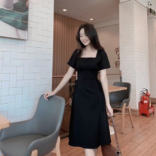Đầm Cổ Vuông ⚡️FREESHIP⚡️ Dáng Xòe Eo Đan Dây