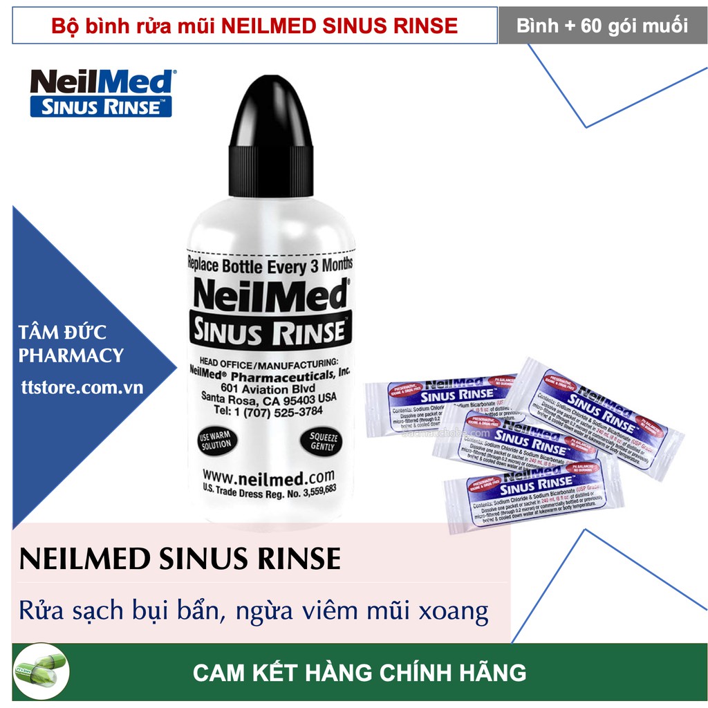 [CHÍNH HÃNG] Bộ bình rửa mũi NEILMED SINUS RINSE kèm 60 gói muối [Nelmed, neomed, nelmet]