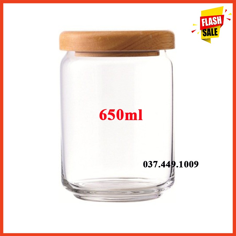 Hũ Thủy Tinh Nắp Gỗ Đựng Đường , Trà 650ml