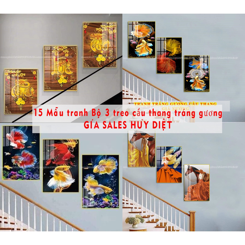 Set bộ 3 tranh treo cầu thang tráng gương CHẤT LƯỢNG CAO phong cách hiện đại tặng kèm đinh treo, không cần khoan