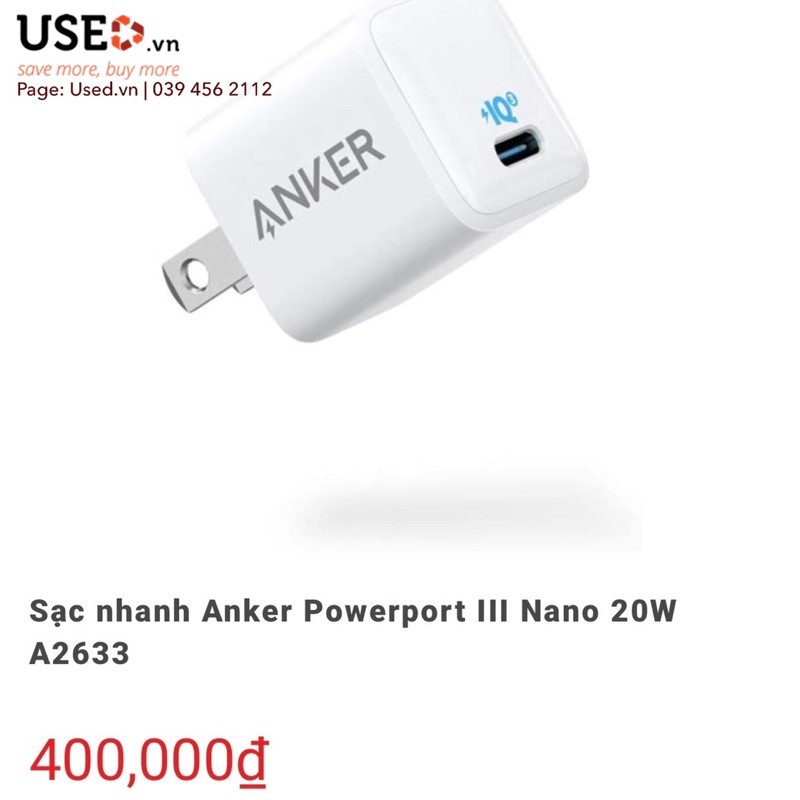 [Mã ELFLASH5 giảm 20K đơn 50K] Củ Sạc nhanh Anker Powerport III Nano 20W A2633 New Seal