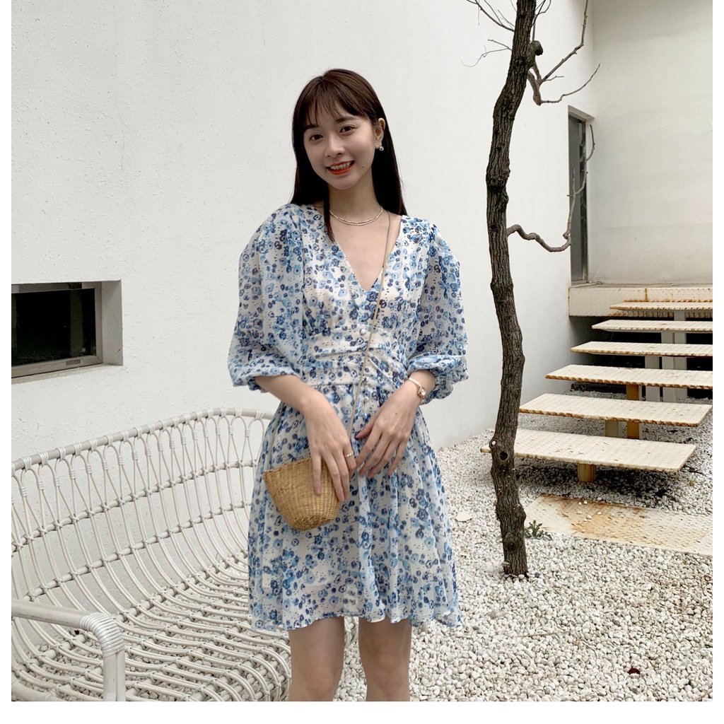 Bitan Dress - Đầm hoa xanh nút bọc