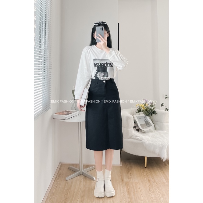 Chân váy jean chữ A EMIX, midi xẻ sau dáng dài, cạp cao, chất jeans mềm 6701