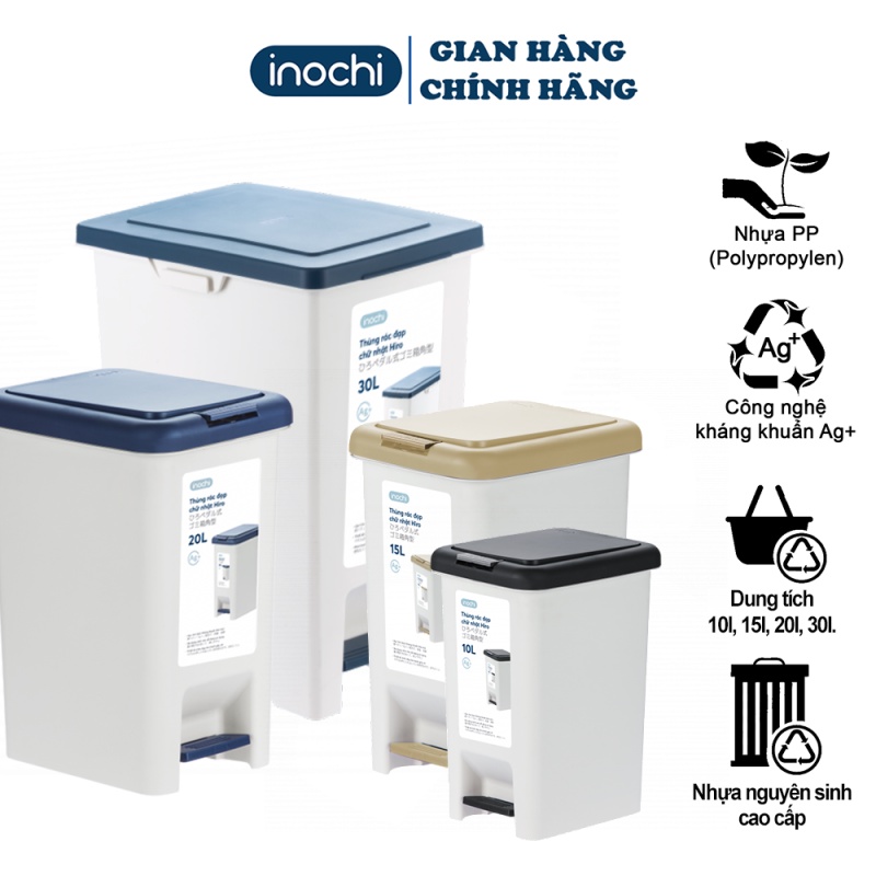 Thùng rác đạp chữ nhật thiết kế đẹp, thùng rác văn phòng Inochi 10L có lõi