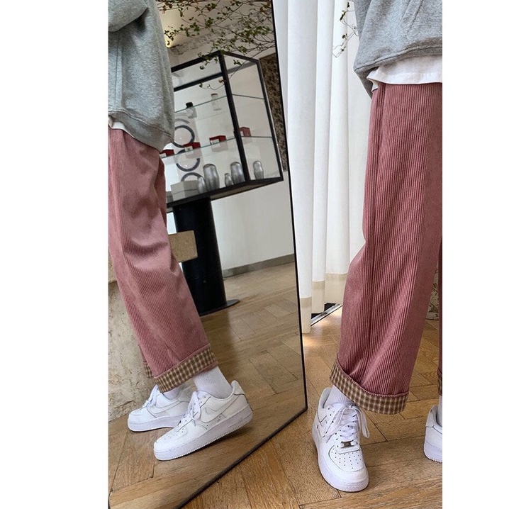 Xiaozhainv Quần dài ống rộng họa tiết caro thời trang phong cách Hàn Quốc cho nữ