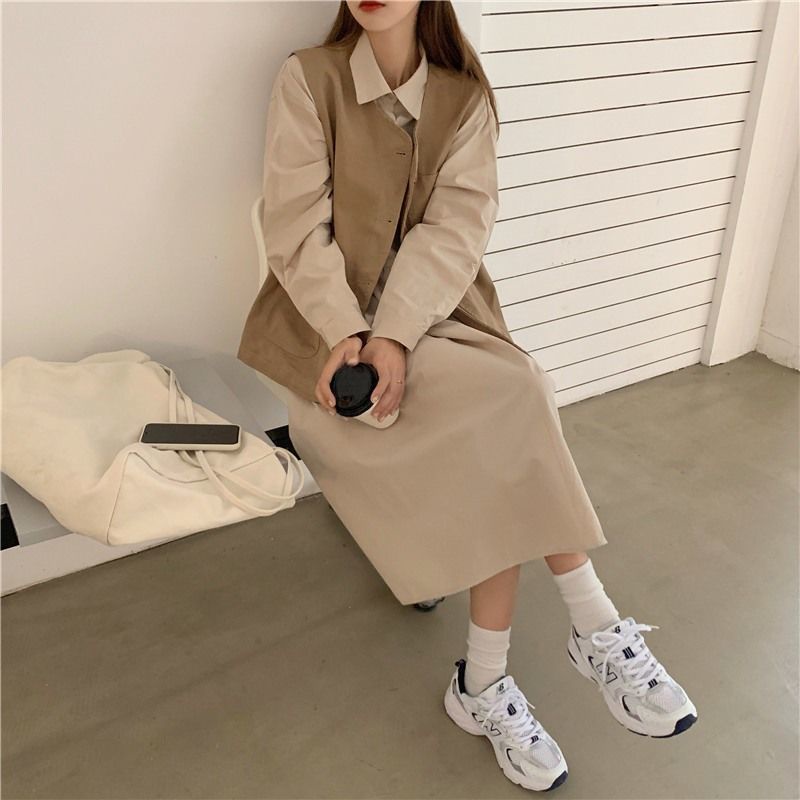 Set Đầm Kaki Dài Tay Và Áo Khoác Ghi Lê Phong Cách Trẻ Trung Dành Cho Nữ