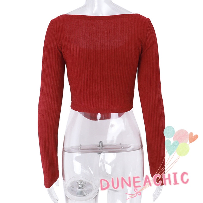 DUNEA Áo Thun Dài Tay Cổ Vuông Màu Trơn Thời Trang Dành Cho Nữ