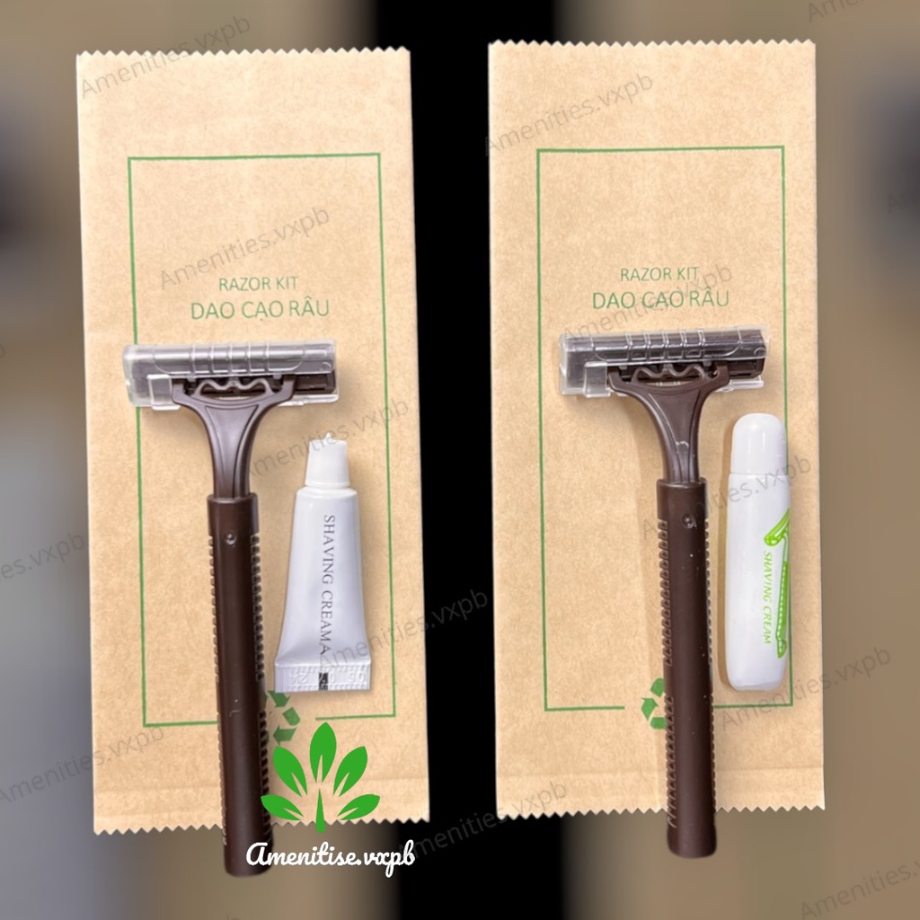 100 dao cạo râu cán nhựa tròn kèm kem cạo đút túi kraft tự hủy cho khách sạn, nhà nghỉ, homesaty, villa,...