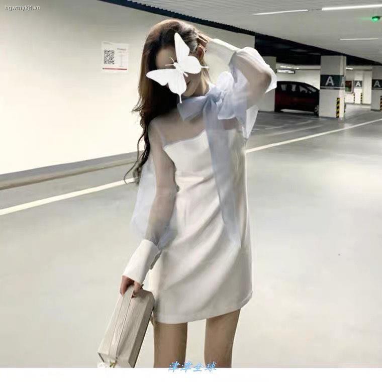 ✺♦Palace style chiffon stitching bowknot puff sleeve dress sweet temperament slim white summer base skirt