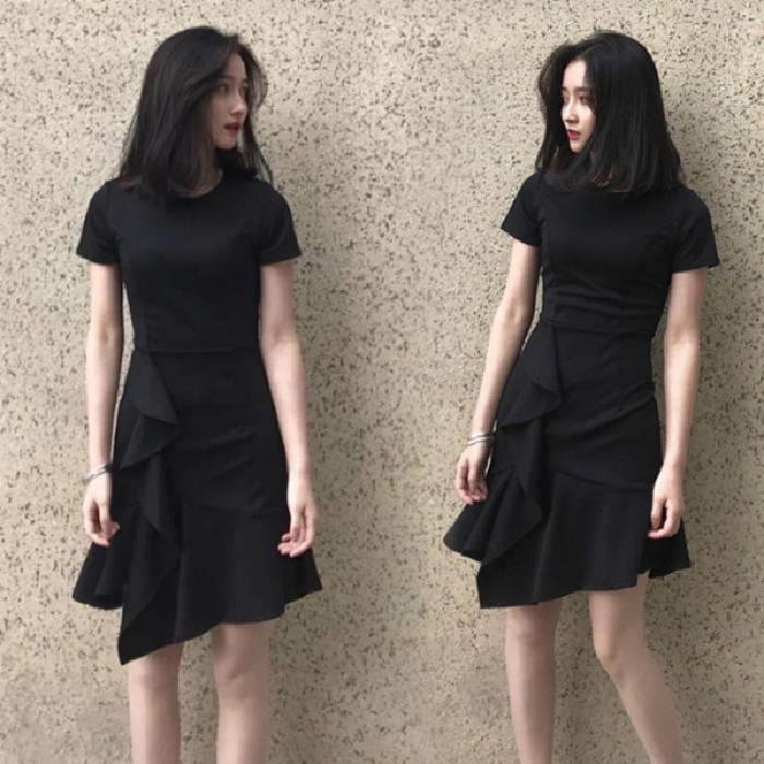 Đầm Voan Đuôi Cá Tay Lỡ Màu Đen Phong Cách Chanel Thời Trang Cho Nữ