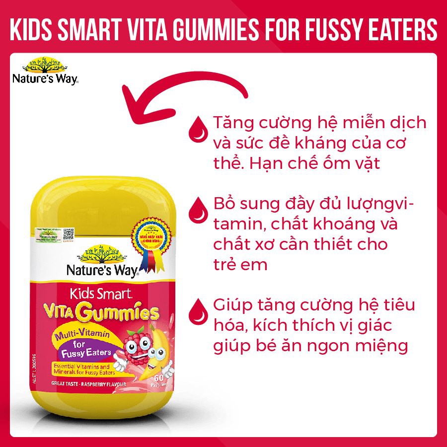 Kẹo Dẻo Nhai Nature's Way Kids Smart Vita Gummies Multivitamin For Fussy Eaters Úc Cho Bé Kích Thích Ăn Ngon 60 Viên