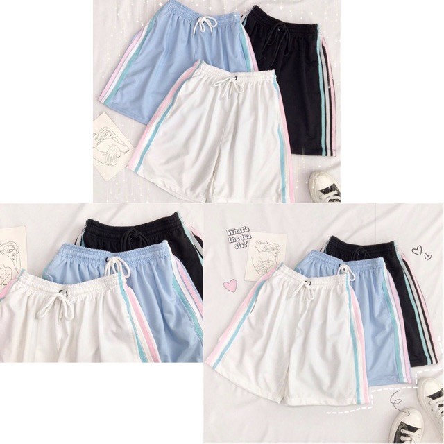 Quần Short Đùi Kẻ 3 Sọc Cầu Vồng, Ống Rộng Unisex Ulzzang