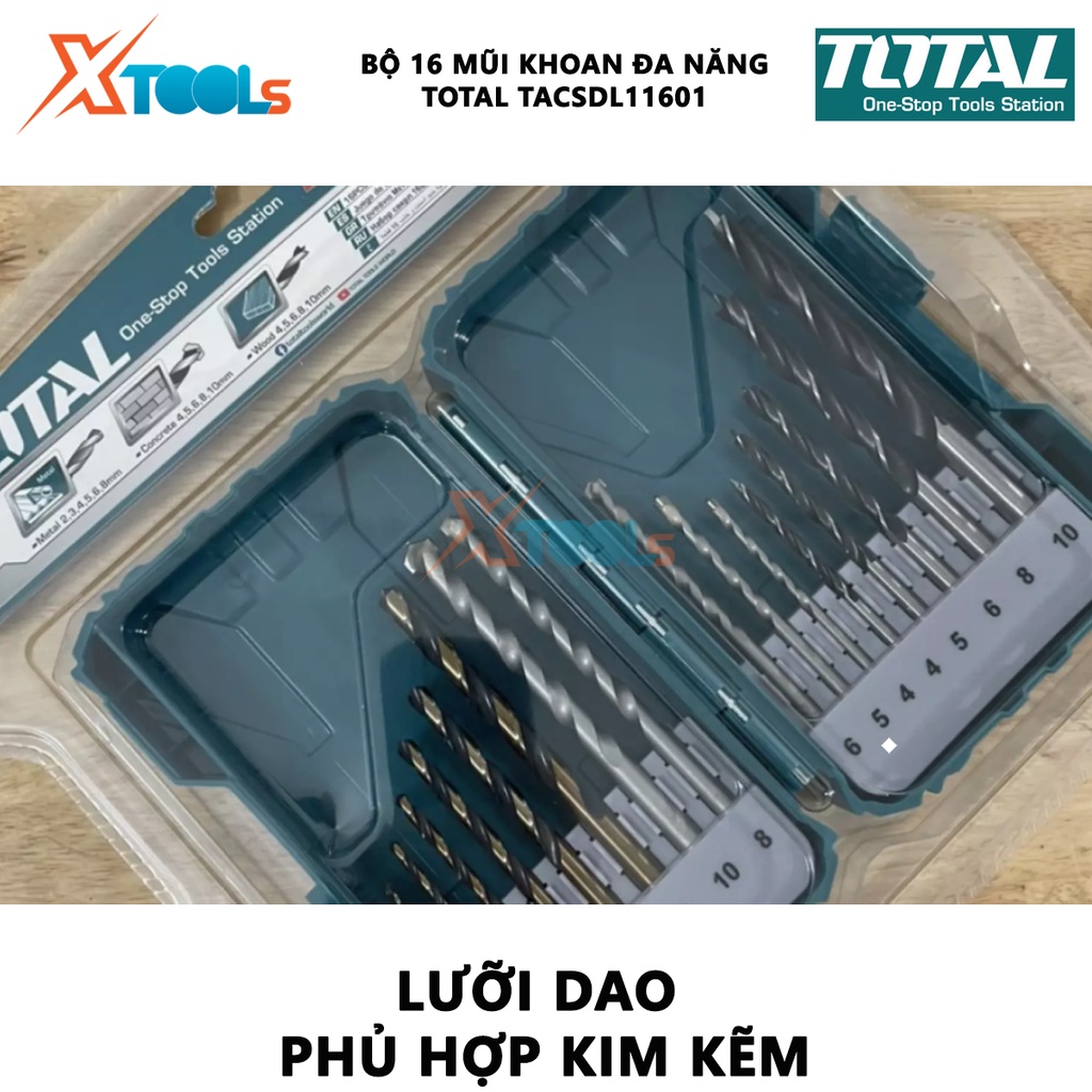Bộ 16 mũi khoan bê tông/gỗ/sắt thép/siết ốc vít TOTAL TACSDL11601, combo 16 mũi khoan đa năng thông dụng đuôi trơn