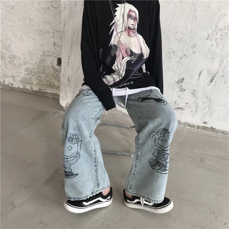 Quần jeans ống suông rộng hoạ tiết hoạt hình Phong cách Ulzzang Hàn Quốc